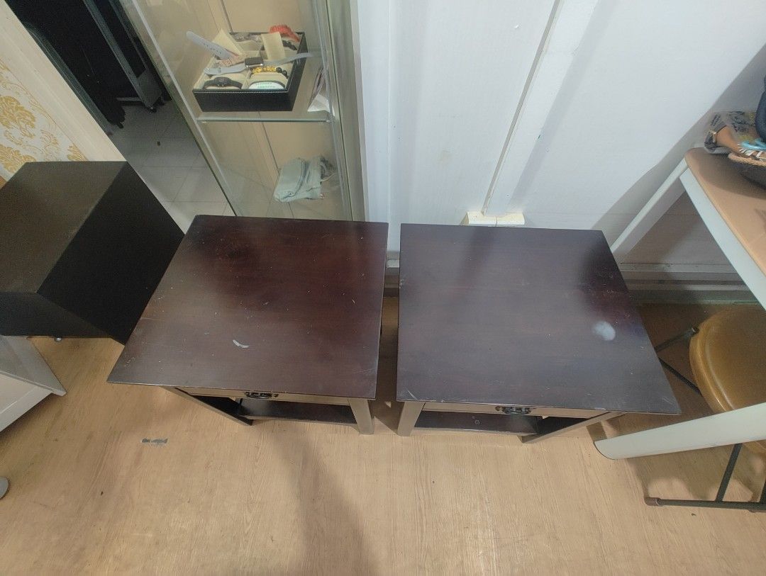 BEDSIDE TABLE (Category: Tables & Sets) located in Singapore. Submitted by fhari7 (Listing ID 1457465678, Image 3). Description: BedSide Table 2 for $60 in a good condition stain and abit of crack below as shown on the photo Measurement H 45cm L 60cm W 43cm collect marsiling.