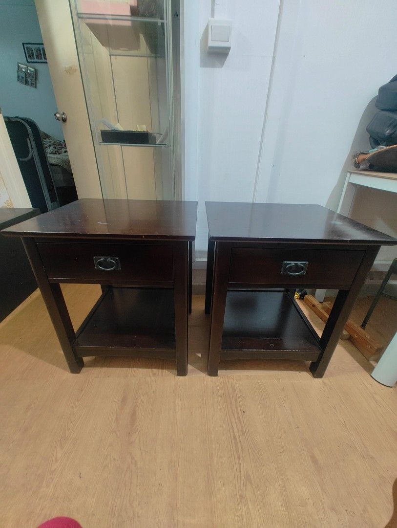 BEDSIDE TABLE (Category: Tables & Sets) located in Singapore. Submitted by fhari7 (Listing ID 1457465678, Image 1). Description: BedSide Table 2 for $60 in a good condition stain and abit of crack below as shown on the photo Measurement H 45cm L 60cm W 43cm collect marsiling.
