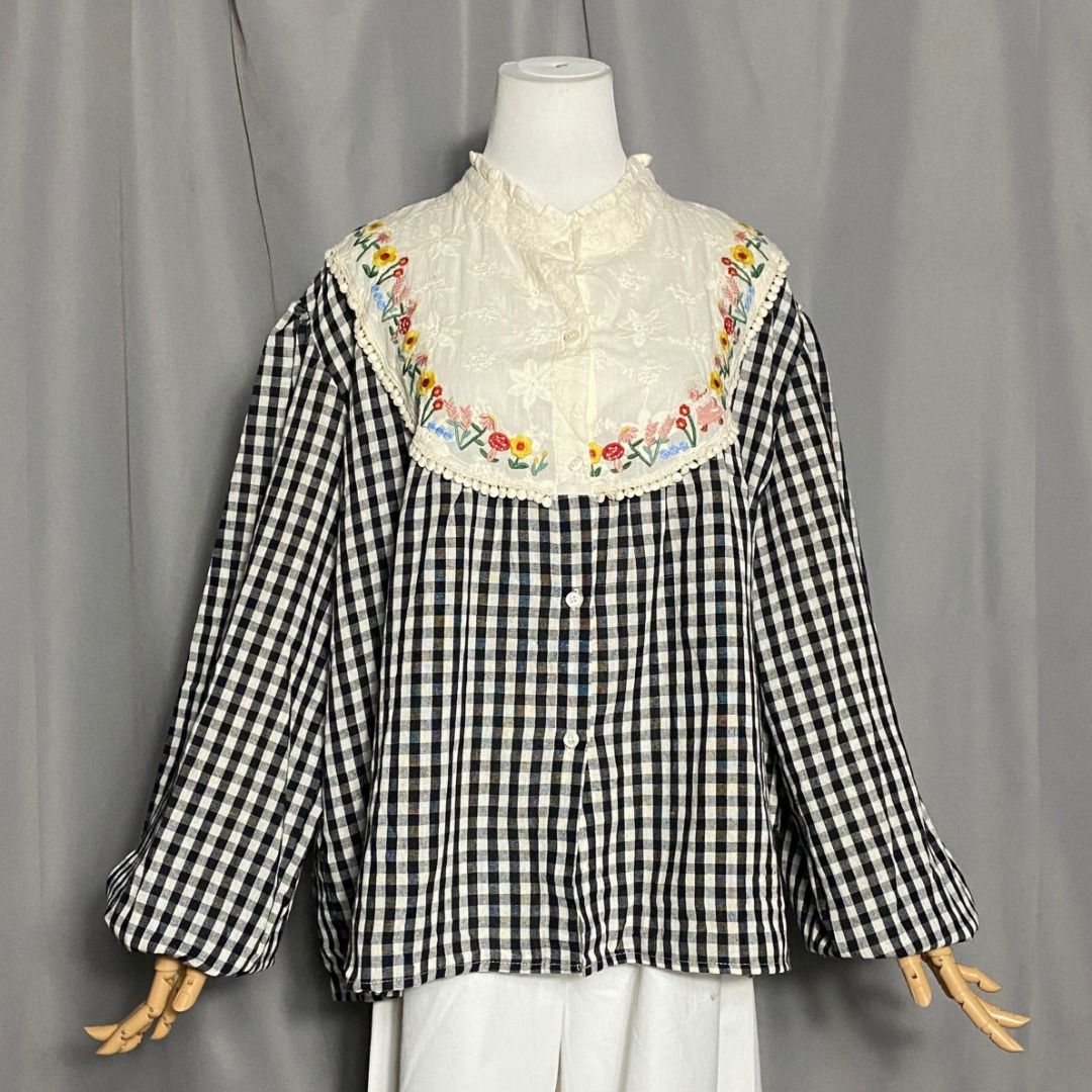 Black and Cream Gingham Top with Multicolor Embroidery (Category: Longsleeves) located in Las Pinas. Submitted by ipickyou (Listing ID 1457468942, Image 1). Description: Unwashed Condition: 10/10 𝗠𝗲𝗮𝘀𝘂𝗿𝗲𝗺𝗲𝗻𝘁𝘀 𝘄𝗵𝗲𝗻 𝗹𝗮𝗶𝗱 𝗳𝗹𝗮𝘁: -Size M -Shoulder to shoulder: 20” -Armpit to armpit: 27 1/2” -Length: 25”.