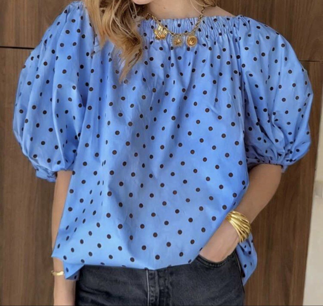 Blue Polka Dot Off-Shoulder Puff Sleeve Top (Category: Blouses) located in Taguig. Submitted by slnnvs (Listing ID 1457388025, Image 1). Description: Fabric: Polyester 🌸MOP: Gcash or Bank Transfer 🌸Customer will shoulder the delivery fee..