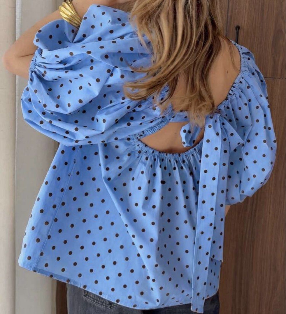 Blue Polka Dot Off-Shoulder Puff Sleeve Top (Category: Blouses) located in Taguig. Submitted by slnnvs (Listing ID 1457388025, Image 2). Description: Fabric: Polyester 🌸MOP: Gcash or Bank Transfer 🌸Customer will shoulder the delivery fee..