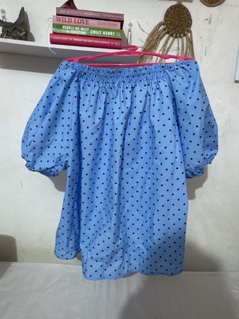 Blue Polka Dot Off-Shoulder Puff Sleeve Top (Category: Blouses) located in Taguig. Submitted by slnnvs (Listing ID 1457388025, Image 3). Description: Fabric: Polyester 🌸MOP: Gcash or Bank Transfer 🌸Customer will shoulder the delivery fee..