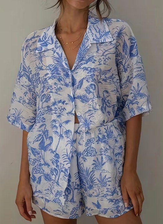 Repriced! Blue White Tropical Print Set - Button Up Shirt & Shorts (Category: Sets or Coordinates) located in Cebu City. Submitted by itsmegeecebu (Listing ID 1457363473, Image 1). Description: - Adorable tropical coord set Never worn (no ww photo) Xxl on ta Goo as brand new Location: Cebu city.