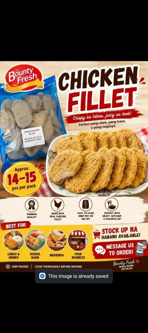 Bounty Fresh Chicken Fillets - Approx. 14-15 pcs per pack (Category: Other Food & Drinks) located in Manila. Submitted by mightycloud_1992 (Listing ID 1457511553, Image 1). Description: 350 isnag kilo nayan guyz Chicken fillet #T.