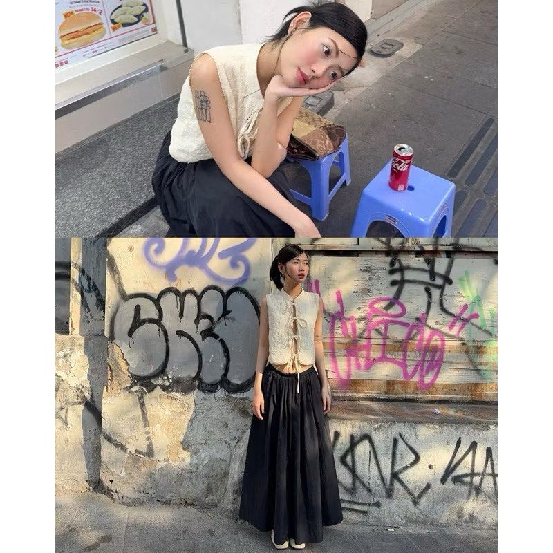 Sleeveless Tie-Front Top and Long Flared Skirt Set (65% off) (Category: Sleeveless) located in Pasay City. Submitted by gmtcb (Listing ID 1457414459, Image 3). Description: - Cream bow-collar lace-up top - Black flowy maxi skirt - Both Size S - Like new / in good condition - Selling as a set only - PHP 1,200 for both - Original total: PHP 2,627.