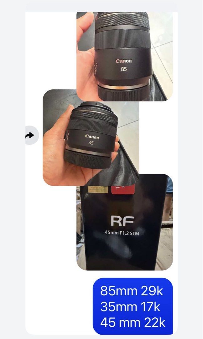 Canon lens (Category: Lens & Kits) located in Manila. Submitted by alah2010 (Listing ID 1457342939, Image 1). Description: Canon 85mm 29k 35mm 17k 45mm Sealed 22k.