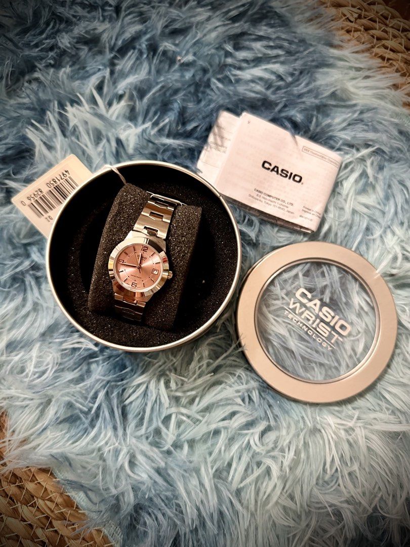 CASIO Cherry Blossom Pink (Category: Women's Watches) located in Quezon City. Submitted by kerlitops (Listing ID 1457359372, Image 2). Description: Brand new Casio | Cherry Blossom Pink Original price - 2,650 Specifications Reference LTP-1241D-4A Movement Analog quartz Display Analog, 3 hands Case Ion plated metal, 33 x 25 x 8.6 mm Band Stainless steel Weight 51 g Water resistance 30m (3 bar): handles splashes and rain, not for swimming Functions