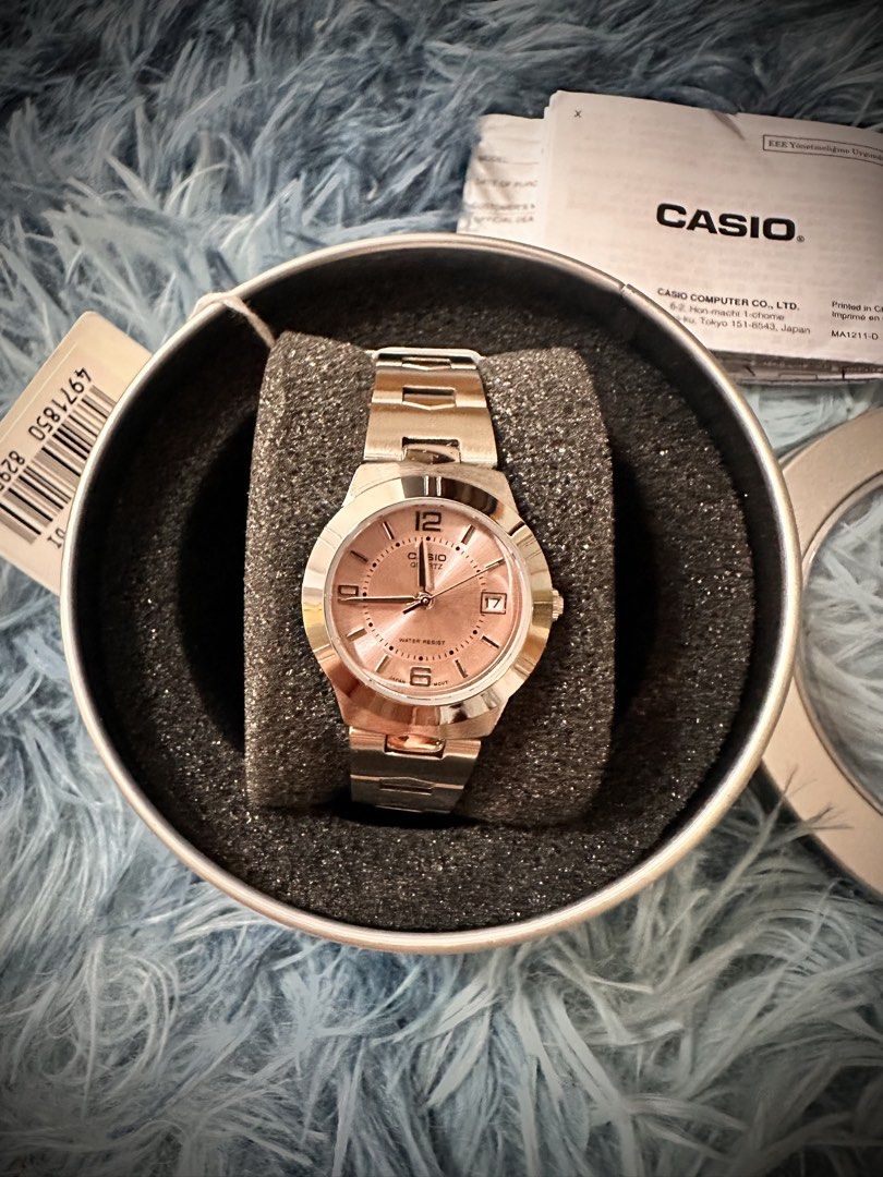 CASIO Cherry Blossom Pink (Category: Women's Watches) located in Quezon City. Submitted by kerlitops (Listing ID 1457359372, Image 1). Description: Brand new Casio | Cherry Blossom Pink Original price - 2,650 Specifications Reference LTP-1241D-4A Movement Analog quartz Display Analog, 3 hands Case Ion plated metal, 33 x 25 x 8.6 mm Band Stainless steel Weight 51 g Water resistance 30m (3 bar): handles splashes and rain, not for swimming Functions