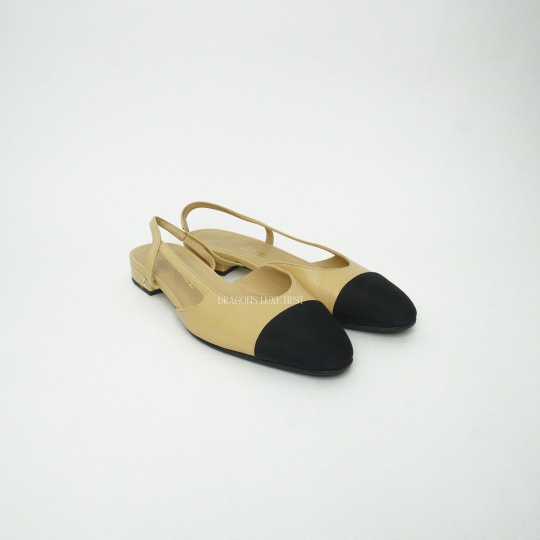 Chanel Beige/Black Slingback Flat (Category: Sneakers & Footwear) located in Taguig. Submitted by dluxenest (Listing ID 1457392715, Image 1). Description: Last price posted Inclusion: dust bag You may follow us on IG : dluxenest FB : Dragons Luxe Nest.