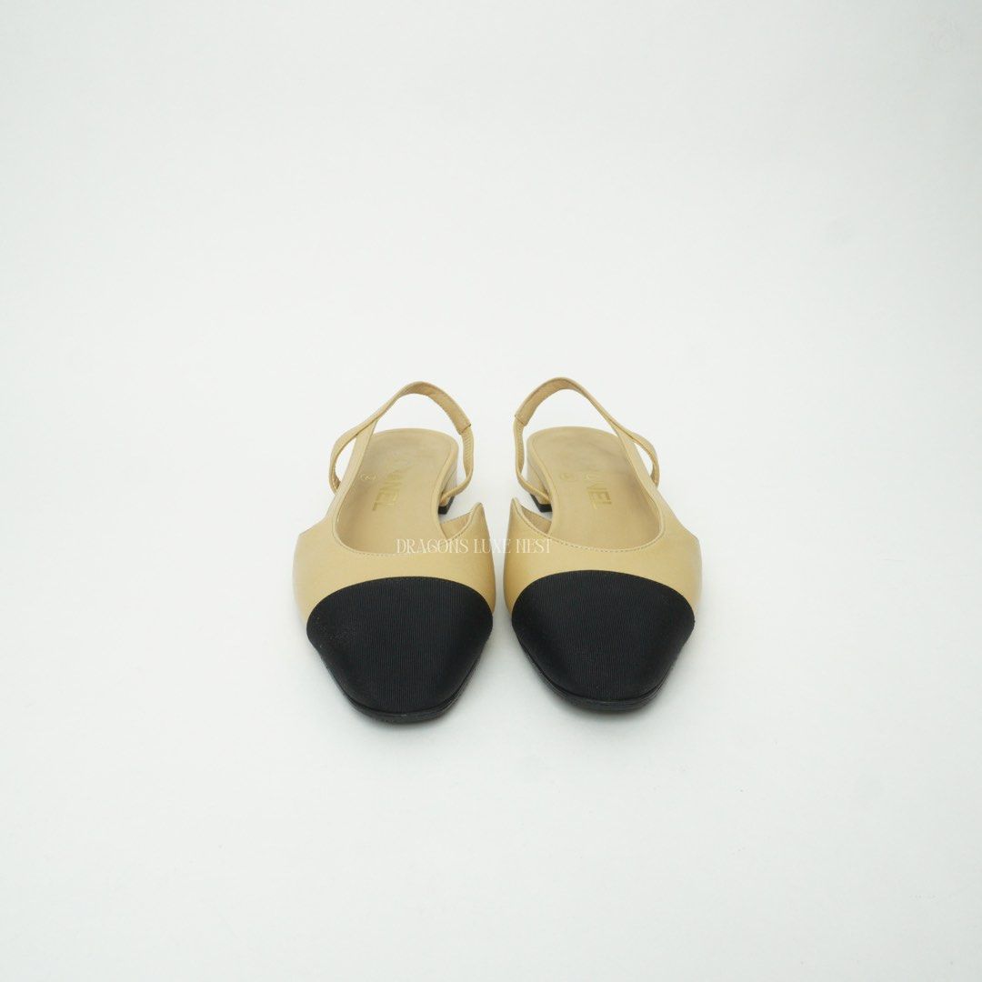 Chanel Beige/Black Slingback Flat (Category: Sneakers & Footwear) located in Taguig. Submitted by dluxenest (Listing ID 1457392715, Image 2). Description: Last price posted Inclusion: dust bag You may follow us on IG : dluxenest FB : Dragons Luxe Nest.