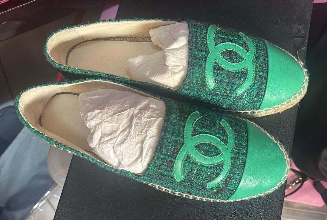 Chanel Green Tweed Espadrilles with Cap Toe (Category: Sneakers & Footwear) located in Quezon City. Submitted by melmgpy (Listing ID 1457466526, Image 3). Description: - Authentic Chanel green tweed espadrilles - Iconic CC logo detail on the front - Classic cap toe design - Comfortable jute sole - Perfect for any occasion, super cute and stylish - Comes with original dust bags.