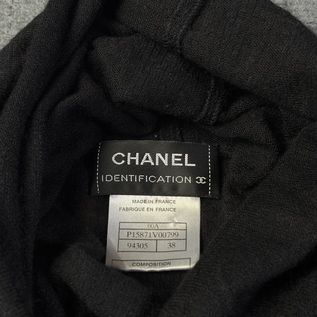 Chanel Identification Archival 00A Cashmere Karl Lagerfeld Era (Category: Luxury Apparel) located in Manila. Submitted by yourtherapist_ (Listing ID 1457426050, Image 3). Description: Chanel Identification Archival 00A Cashmere Karl Lagerfeld Era Tagged Size: 38 Condition: 9/10 Flaws: None, needs wash Material: 70% Cashmere, 30% Silk Made in: France Measurements Width: 18 Length: 20 Shoulder: 16 Sleeve: 22 Length with hood/neck: 36 8,000.
