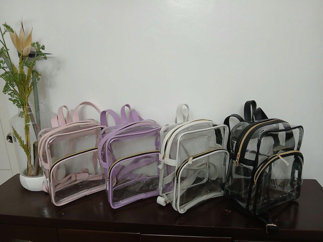 Clear Transparent Backpack PVC (Category: Backpacks) located in Manila. Submitted by hellotrish (Listing ID 1457513317, Image 1). Description: ✨MARIKINA MADE✨ ✨MARIKINA MADE✨ SIZE. : 9inL × 10inH × 4 COLORS.: BLACK, WHITE, PURPLE and BABY PINK - Matibay po ito - Made with high quality pvc plastic (hindi malambot at hindi basta basta mabubutas) .