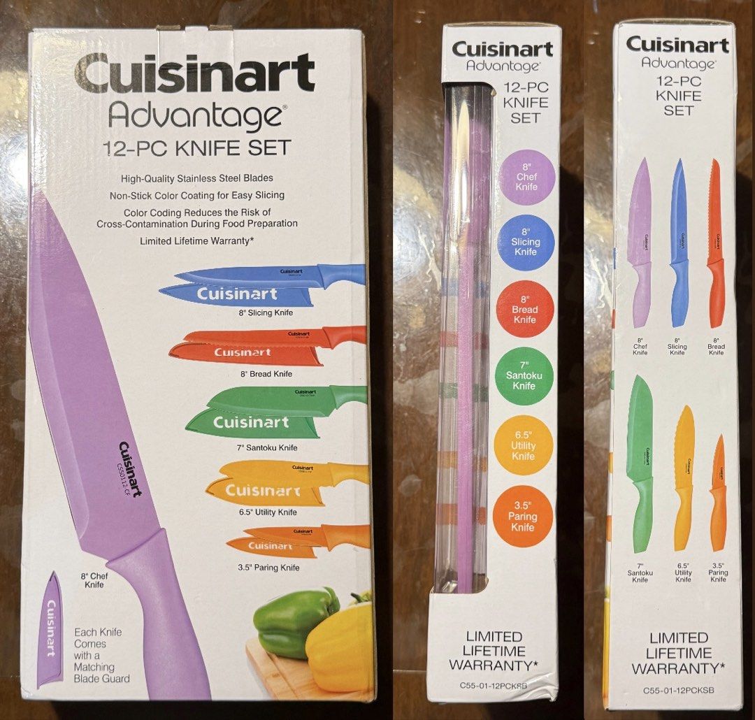 Cuisinart Advantage 12-Pc Knife Set (Category: Knives & Chopping Boards) located in Manila. Submitted by purchaeses (Listing ID 1457345166, Image 2). Description: - Complete 12-pc knife set, brand new and unopened - High-quality stainless steel blades - Non-stick color coating - Each knife comes with a matching blade guard.