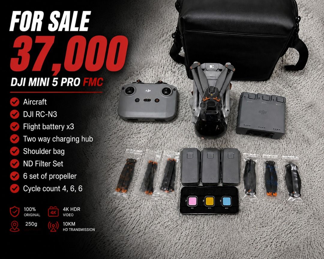DJI Mini 5 Pro FMC (Category: Drones) located in San Mateo. Submitted by ako_ay_pangit_ngunit_mabait (Listing ID 1457360949, Image 1). Description: For Sale 37,000 DJI Mini 5 Pro FMC Aircraft DJI RC-N3 Flight battery x3 Two way charging hub Shoulder bag ND Filter Set 6 set of propeller Cycle count 4, 6, 6 Meet up Q.C Batasan, Commonwealth, Fairview, SJDM Bulacan Marikina Nangka Marikina or San Mateo, Rizal. Pwede shipping via JNT or LBC..