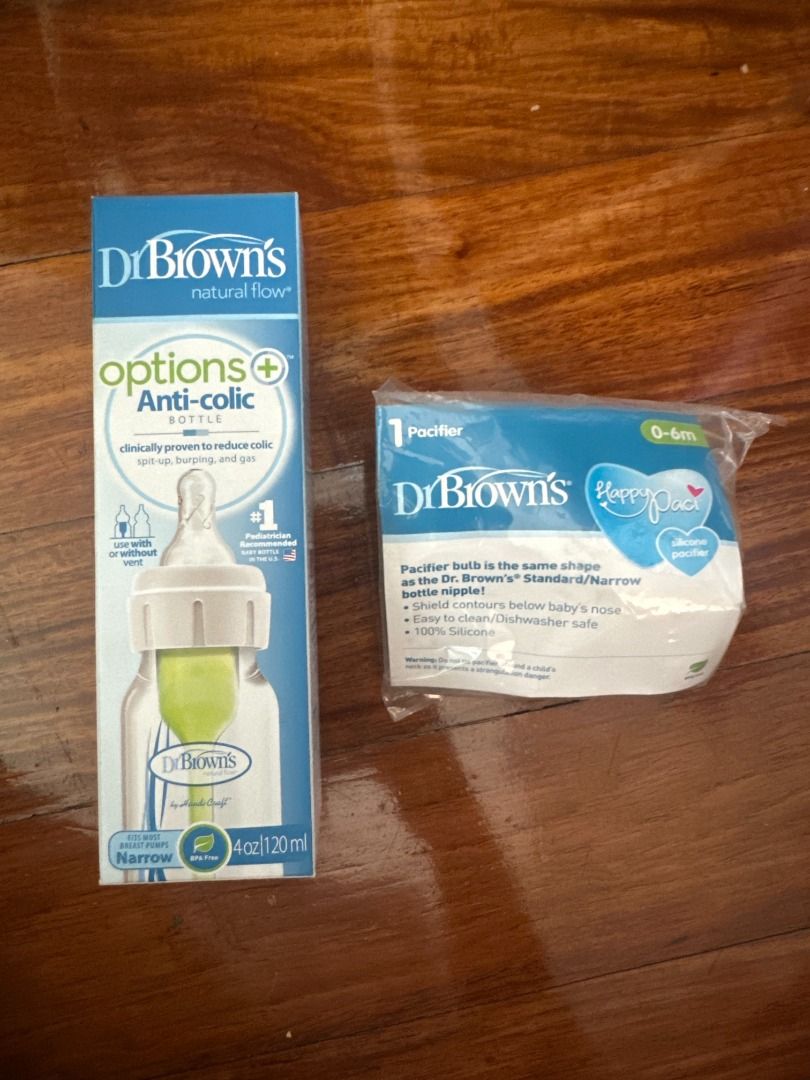 Dr. Brown's Anti-Colic Bottle & Pacifiers Set (Category: Breastfeeding & Bottle Feeding) located in Makati City. Submitted by travelfinds34611 (Listing ID 1457359672, Image 1). Description: - Dr. Brown's Natural Flow Options+ Anti-colic Bottle (4oz/120ml, Narrow) - Dr. Brown's HappyPaci Silicone Pacifier, Blue (0-6 months, Silicone) BRAND NEW. NEVER OPENED..
