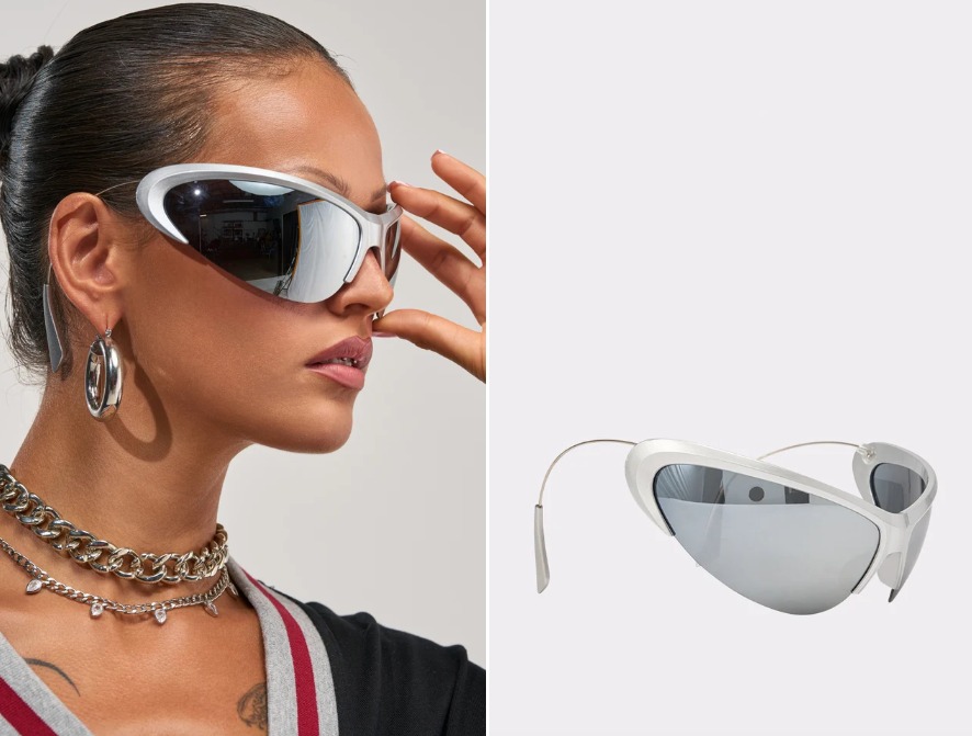 Fast Lane Y2K Wrap-Around Shield Sunglasses | Silver (Category: Sunglasses & Eyewear) located in Bacoor. Submitted by fafofa (Listing ID 1457499175, Image 3). Description: Fast Lane futuristic silver Y2K wrap-around shield sunglasses featuring an aerodynamic curved frame and dark tinted lenses. • Silver finish • Wrap-around shield design • Dark tinted lenses • Futuristic Y2K aesthetic • Frame Length: 9.75" • Frame Height: 2.5" • Arm Length: 4".