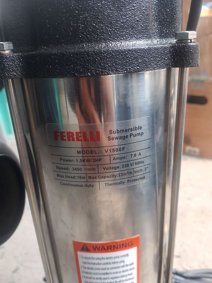 Ferreli submersible pump Sewage w/ float switch Specs: 2hp, single phase (Category: Home Improvement Tools & Accessories) located in Manila. Submitted by joeyroque09 (Listing ID 1457414220, Image 1). Description: Ferreli submersible pump Sewage w/ float switch Specs: 2hp, single phase.