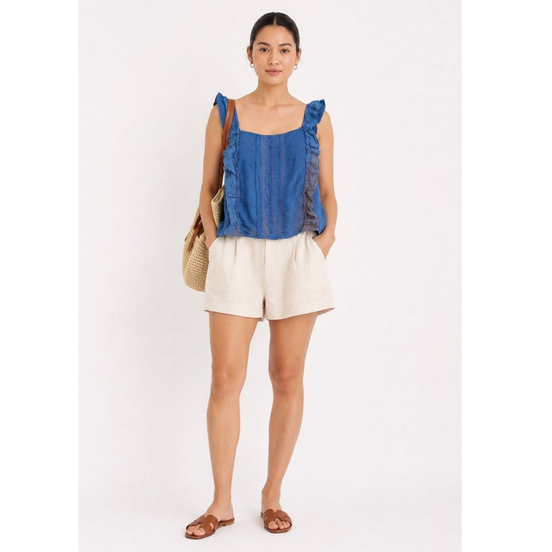 GEORGE Blue Ruffle Lace Trim Square Neck Boho Top Large (Category: Blouses) located in San Jose del Monte. Submitted by vanessabarredo (Listing ID 1457370522, Image 2). Description: George by ASDA blue sleeveless top with a feminine square neckline, ruffled shoulder straps, and delicate lace/crochet trim detailing down the front. Relaxed, slightly flared silhouette with a soft boho / romantic summer feel. Easy to pair with denim shorts, white tro