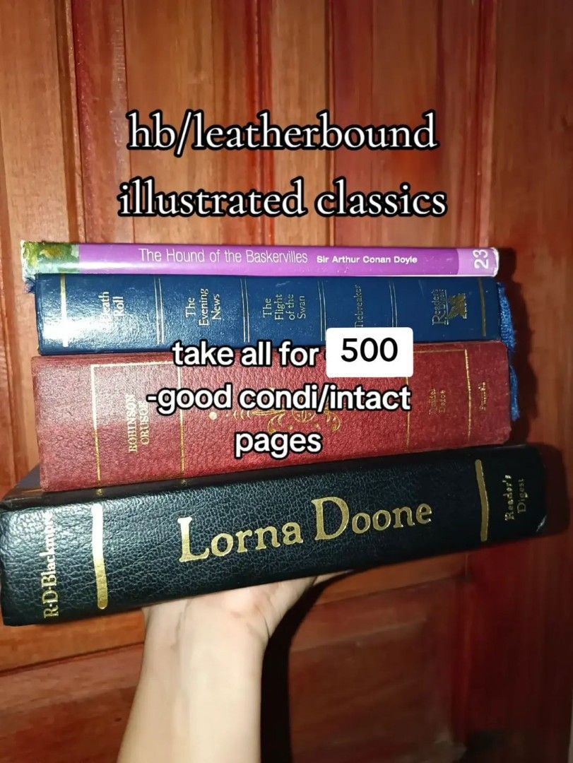 ILLUSTRATED CLASSICS bundle for 500 (slightly negotiable) (Category: Storybooks) located in Makilala. Submitted by infinity_04 (Listing ID 1457474518, Image 1). Description: ALL IN GOOD CONDITION ✨ 📍 Mindanao 🚛 JNT 💵 Gcash/Maribank titles included: -Robinson Crusoe by Daniel Defoe -The Hound of the Baskervilles by Arthur Conan Doyle -Lorna Doone by RD Blackmoore -Readers Digest (4 titles) will give free books 🥰 #classics #illustrated #booktok