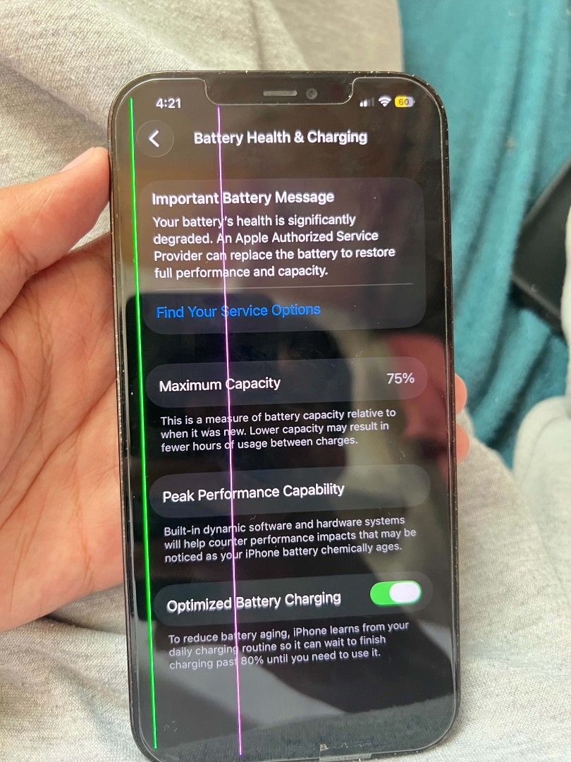 iPhone 12 Pro Max (Category: iPhone 12 Series) located in Lipa City. Submitted by quickearth-84e7 (Listing ID 1457474527, Image 3). Description: for sale! or swap ip 11 256 gb , or drop offers (pakibasa po maayos for the issue) iPhone 12 Pro Max - working truetone - working faceid - batt health at 75%, makunat and orig pa batt - smooth lcd, nat-touch lahat - free cases, kaso girly lahat honest issue: green and pink lines sa screen, pwedeng di ayo