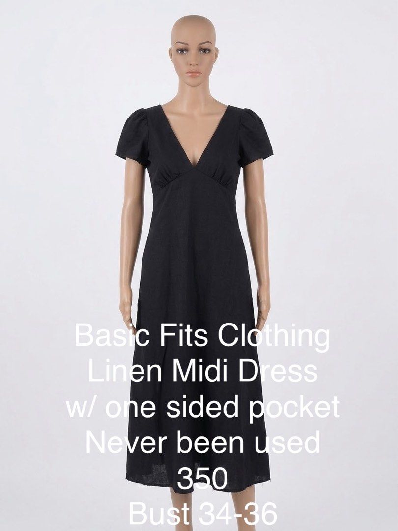 Linen Midi Dress with Pocket (Category: Dresses) located in Manila. Submitted by 2pmc58m5rb75788 (Listing ID 1457472569, Image 1). Description: - Color: Black - Style: Midi Dress - Material: Linen - Neckline: V-neck - Sleeves: Short puff sleeves - Features: One side pocket - Fit: Bust 34-36.