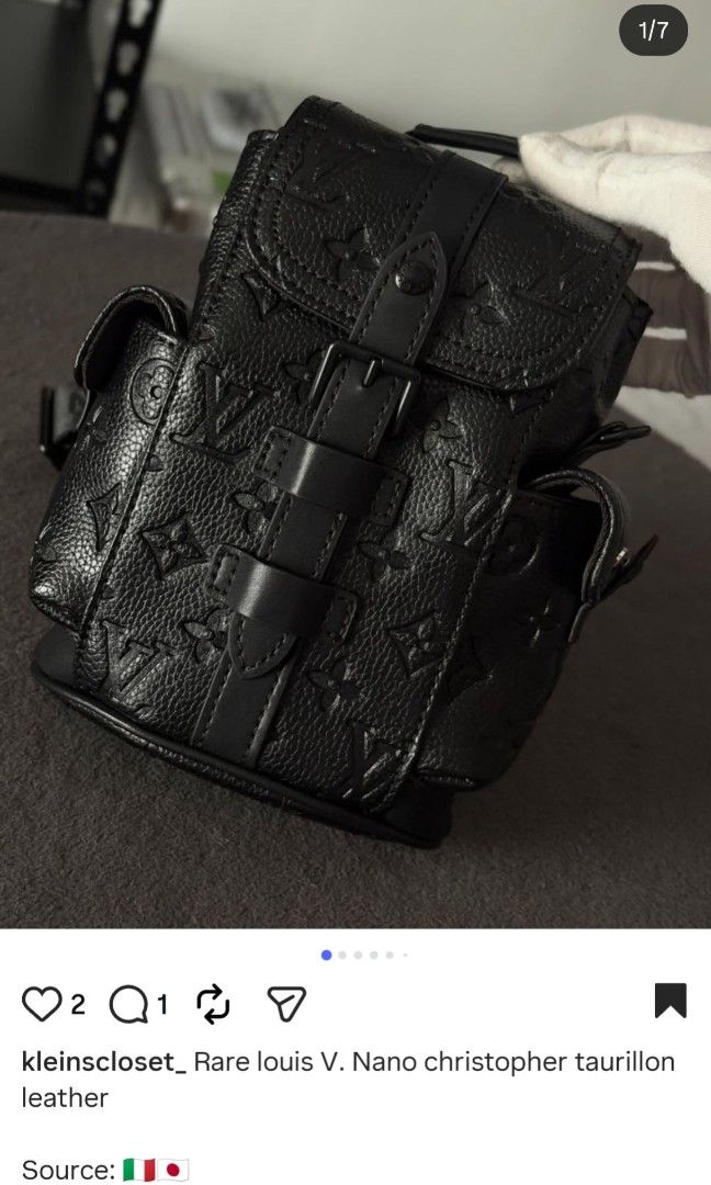 Louis Vuitton Nano Christopher Taurillon Leather Bag (Category: Luxury Bags & Wallets) located in Quezon City. Submitted by milrieljvaliente (Listing ID 1457374385, Image 1). Description: - Rare Louis Vuitton Nano Christopher bag - Material: Taurillon leather - Color: Black - Condition: 10/10 - Origin: Italy Impulsive Buying.