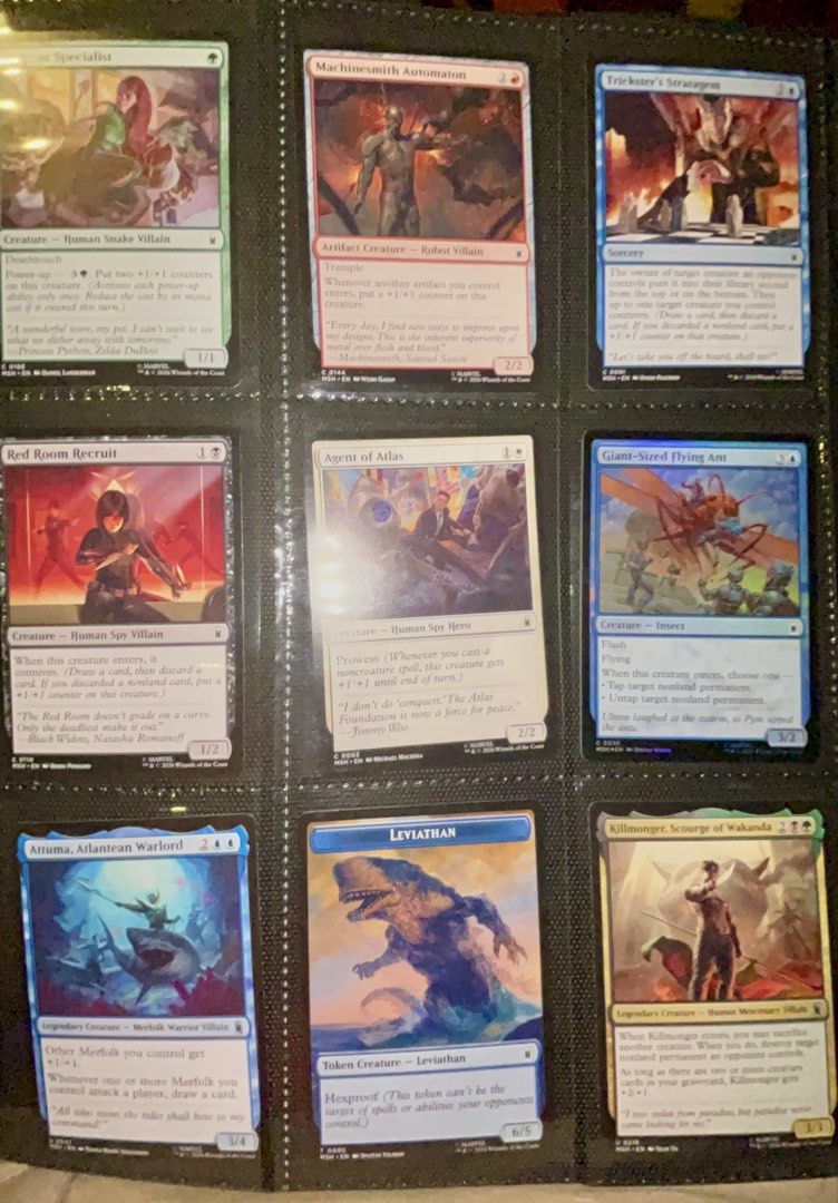 Magic The Gathering Marvel Cards - Mjolnir, Thor, Leviathan, Killmonger (Category: Raw Singles) located in Muntinlupa City. Submitted by phseller (Listing ID 1457462314, Image 2). Description: - Marvel Themed Magic The Gathering Cards - Includes Mjolnir, Hammer of Thor, Leviathan, Killmonger, Scourge of Wakanda, and more! - Great for both collectors and players - All cards are kept in protective sleeves - Please check photos for the complete list