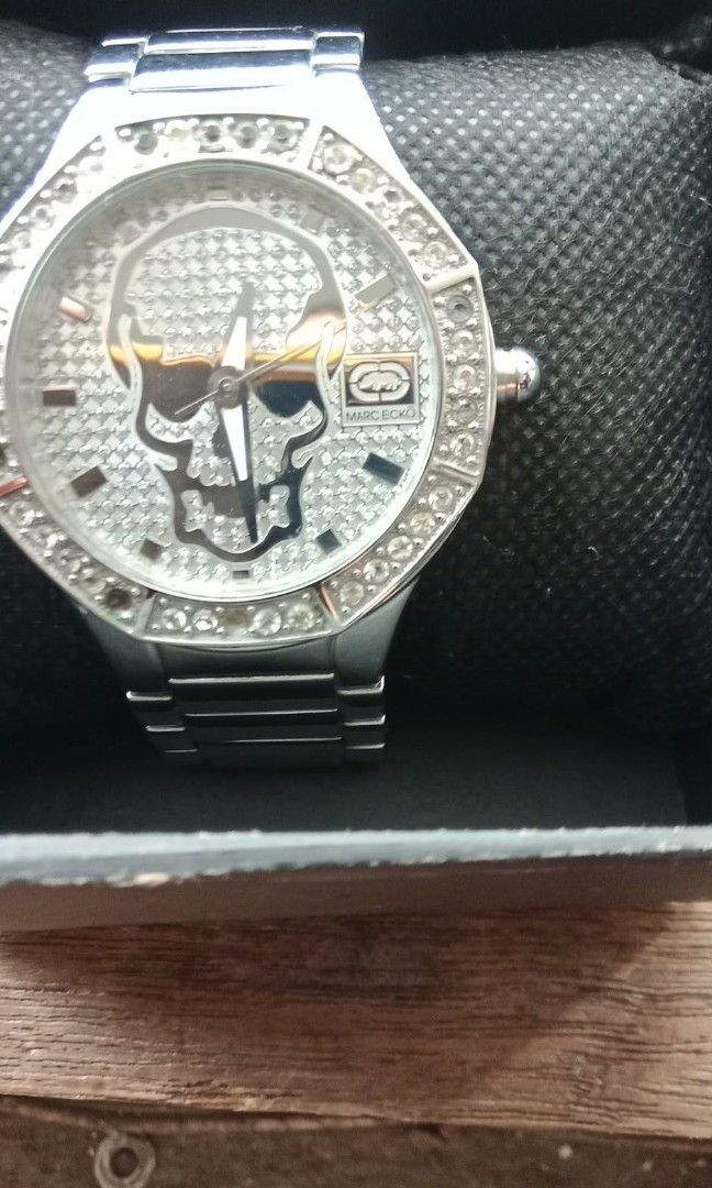 Marc Ecko "The Skeletor" Flash Sale (Category: Men's Watches) located in Manila. Submitted by piatot (Listing ID 1457357476, Image 1). Description: Marc Ecko "The Skeletor" E11544G1 — Watch Details & Price Model: E11544G1 ("The Skeletor") Brand: Marc Ecko Cut & Sew Gender: Men's Movement: Japan quartz (3-hand analog) Crystal: Mineral glass Case: Polished stainless steel, round, 43–44 mm diameter Bezel: Stainless steel set with crystal/clear stone