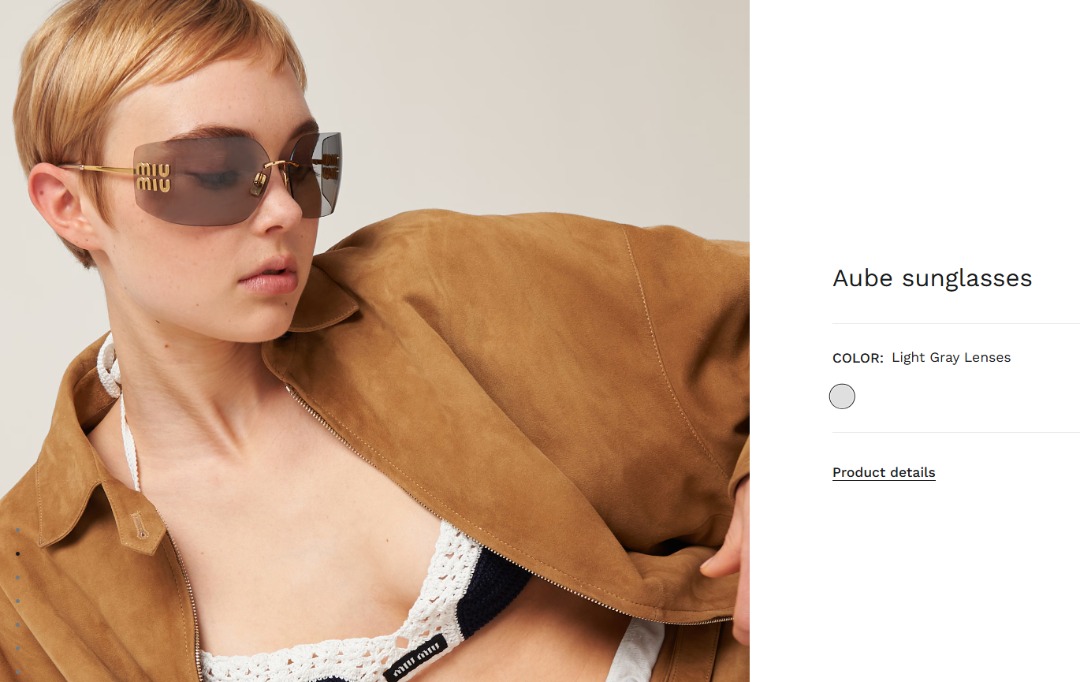 MIU MIU Aube sunglasses (Category: Sunglasses & Eyewear) located in Bacoor. Submitted by fafofa (Listing ID 1457498833, Image 3). Description: MIU MIU Aube sunglasses Metal sunglasses with a sophisticated, contemporary design. The ultra-light rimless style is characterized by the curved lenses embellished with the imposing vertical Miu Miu logo. Product code: SMU54Y_E5AK_FE30B_C_080 Metal frame front in Gold Frame not compatible with graduated le