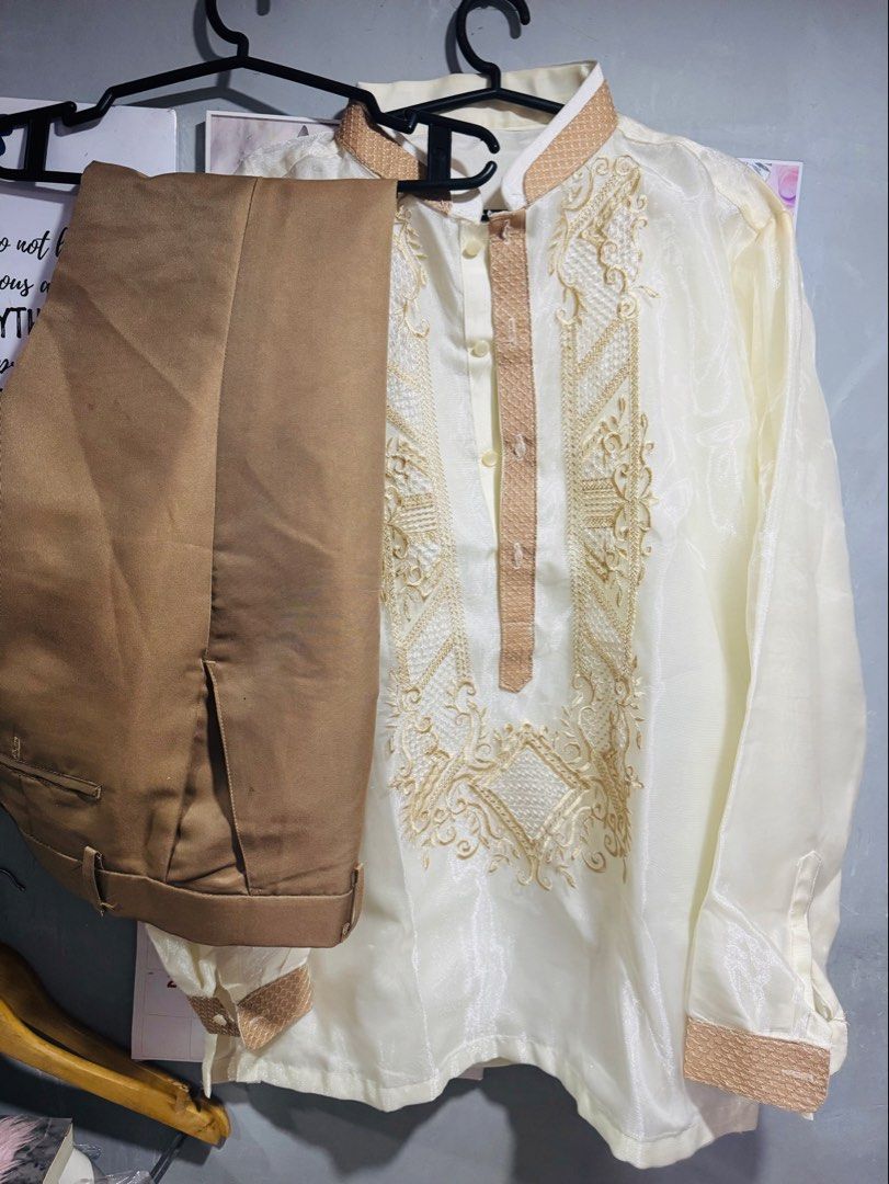 Modern Barong Tagalog Double Collar - Size M -L (Category: Formal Shirts) located in Manila. Submitted by sheinevida (Listing ID 1408119824, Image 1). Description: M to LARGE frames for men can include black slacks size 32 add - 250 brown slacks size 32 for 350 black shoes once used size 41 -400 all once used rfs: served its purpose .