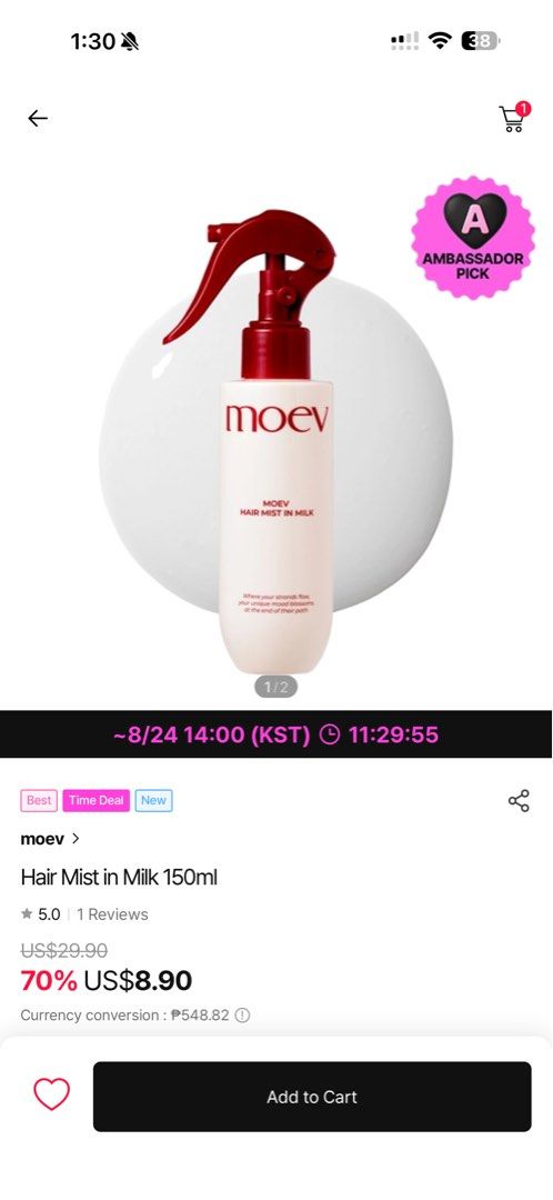 MOEV Hair Mist in Milk 150ml (Category: Hair) located in Paranaque City. Submitted by gotokloset (Listing ID 1457367989, Image 2). Description: Bought for ₱1500+ and international sf. Selling for its sale price - MOEV Hair Mist in Milk - 150ml bottle - Spray bottle with red nozzle - Leaves your strands flowing - Get yours now!.