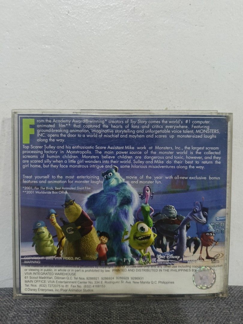 Monster Inc. VCD (Category: CDs & DVDs) located in Cavite. Submitted by bodega_ni_kiks11 (Listing ID 1457481062, Image 2). Description: 📀 Monster, Inc. VCD 💿 2-Disc Set ✨ Very Good Condition (VG) A fun Disney-Pixar classic for all ages! Discs are in very good condition and ready to enjoy. ₱100.