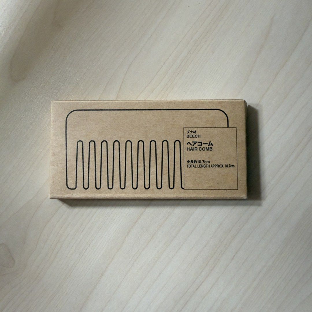 MUJI Beech Wood Hair Comb (Category: Hair) located in Las Pinas. Submitted by saebisells (Listing ID 1457477786, Image 2). Description: ↠ Brand: MUJI ↠ Material: Natural beech wood ↠ Approx. 10.7 cm long ↠ Wide, rounded teeth designed to glide gently through the hair ↠ Compact and lightweight; easy to carry in a pouch or travel bag ↠ Comes with original MUJI box ↠ Lightly used / tried only; please clean before personal use ↠ Selling because I pre