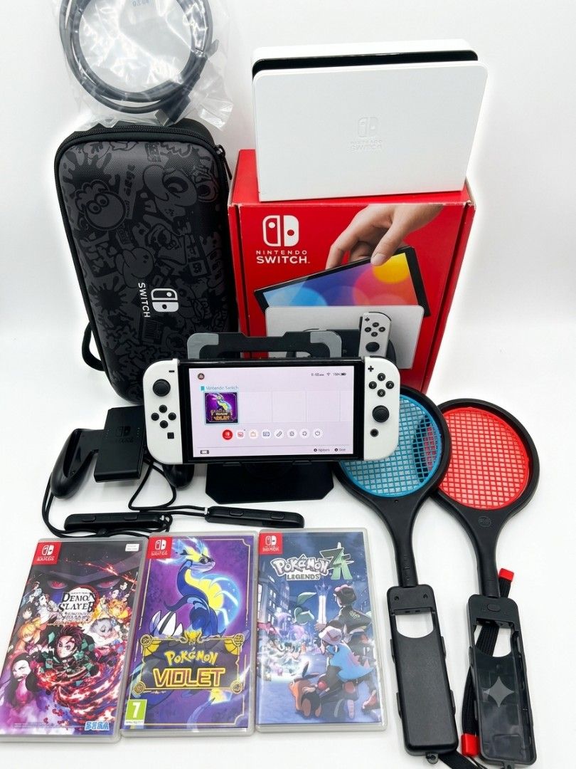 Nintendo Switch OLED White Console Bundle with Games & Accessories (Category: Nintendo) located in Marikina City. Submitted by lorence29 (Listing ID 1457362910, Image 1). Description: PRISTINE CONDITION MALAYSIA VARIANT 6MONTHS OLD Complete original Accessories w/ box ✓Charger ✓Dock ✓Hdmi ✓joycon grip ✓joycon straps ✓Joycon badminton L/R ✓crystal case ✓tempered glass ✓Pouch ✓3 physical games • Demon slayer • Pokemon Violet • Pokemon Legend Z-A No