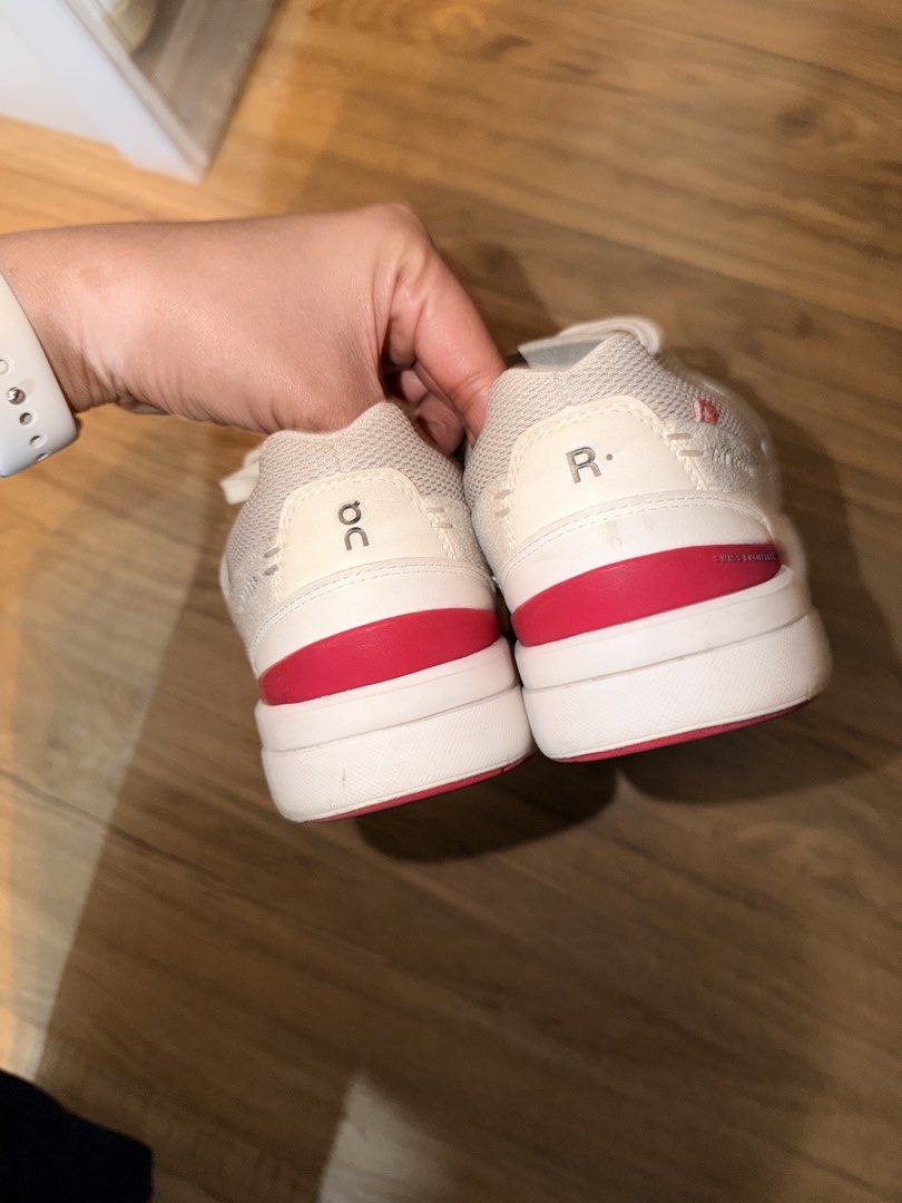 ON Running Roger White Pink UK 4.5 (Category: Sneakers) located in Makati City. Submitted by toneeann (Listing ID 1457512654, Image 2). Description: - ON Running Cloudswift sneakers - Size: UK 4.5 (EU 37.5) - Color: White and grey with pink accents - Perfect for running or casual wear - Condition: Good, with some signs of wear on the soles.