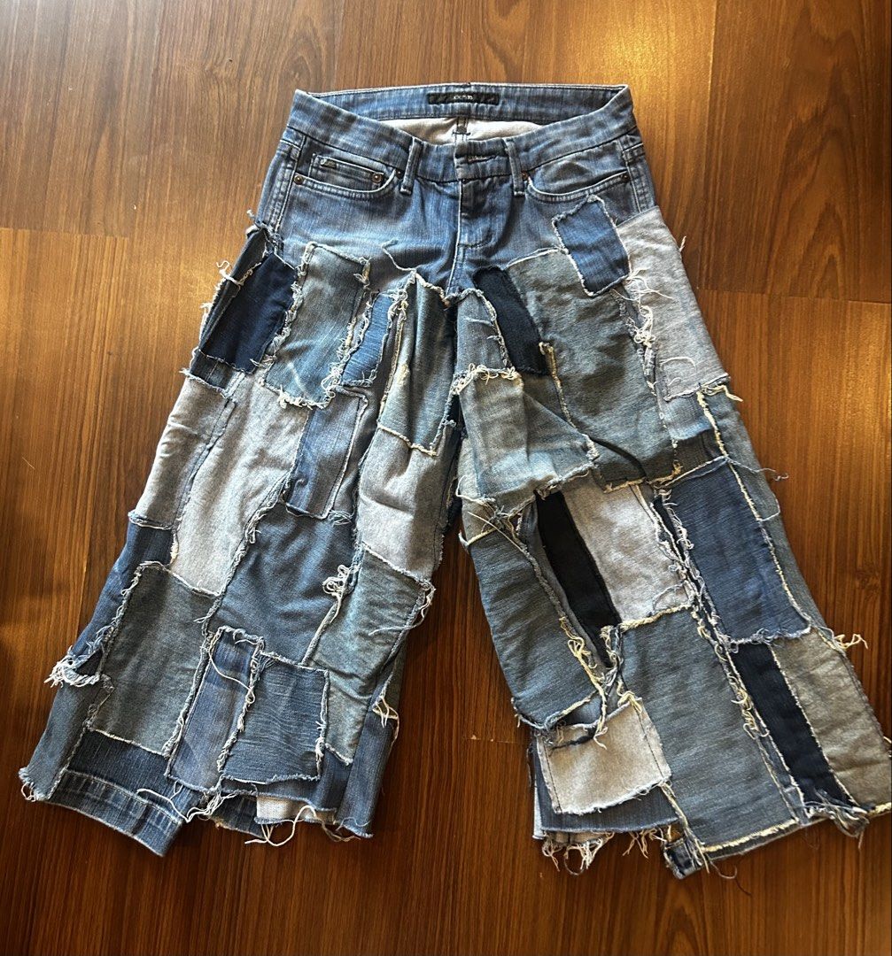 Patchwork Denim Jeans Wide Leg Jorts (Category: Jeans) located in Manila. Submitted by bbstyle___ (Listing ID 1457374871, Image 1). Description: -Waist 28 - Unique patchwork denim design - Wide leg, cropped length - Assorted denim washes and textures - Frayed hem detail - Statement piece for versatile styling.