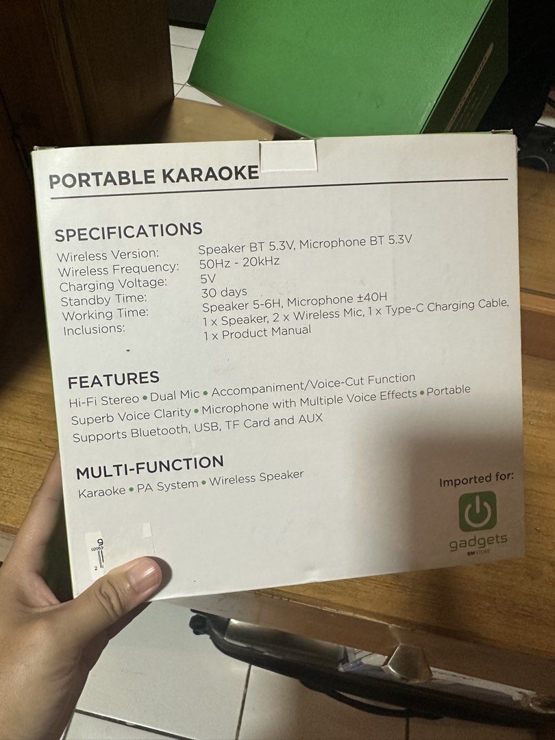 Portable Karaoke Machine with Dual Mic & Bluetooth (Category: Soundbars, Speakers & Amplifiers) located in Pasig City. Submitted by zelinavillaflor (Listing ID 1457458607, Image 2). Description: - Portable Karaoke Machine - Dual Microphones Included - Voice-Cut Function - Up to 6 Hours Battery Life - Multiple Playback Options: Bluetooth, USB, TF Card, AUX - -Fi Stereo Sound with Deep Bass - Ideal for Parties and Personal Use.
