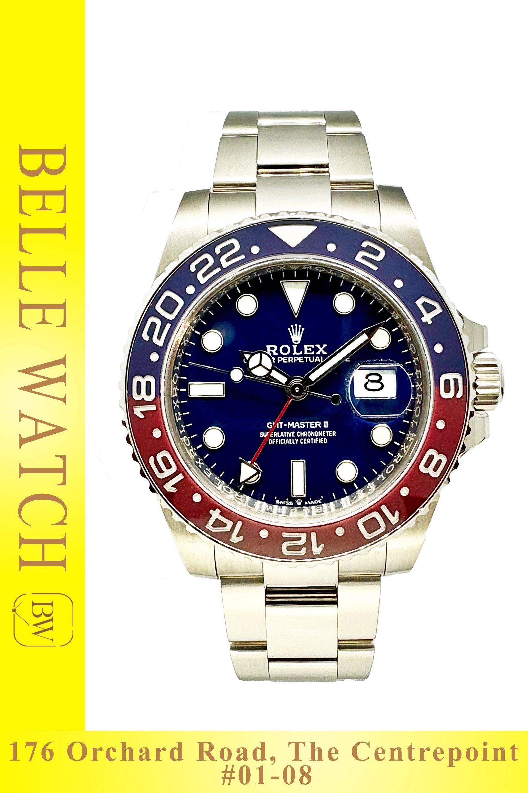 Preowned 2020 Rolex 126719BLRO GMT Master II Pepsi Oyster Blue Dial (Category: Watches) located in Singapore. Submitted by bellewatchsg (Listing ID 1457387085, Image 1). Description: Preowned 2020 Rolex 126719BLRO GMT Master II Pepsi Oyster Blue Dial ** Shop Based ** **Mint Condition, Like New** Case Size: 40MM Dated: Dec 2020 Dial: Blue Bracelet Material: White Gold Oyster Full Set Original Box, Original Paper (NFC Card) In-Store Application for