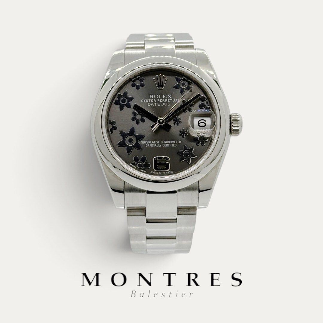 Pre-owned Rolex 31MM Datejust Oyster 178240 Rhodium Floral Dial (AN)(2015) (Category: Watches) located in Singapore. Submitted by montresbalestier (Listing ID 1457385549, Image 1). Description: Please follow us for updates on our latest watches! Brand: Rolex Model: Datejust Reference: 178240 Size: 31MM Material: Stainless Steel Dial: Rhodium Floral Condition: like new , watch and cert , with tag Warranty: Dated AN Series , May 2015 (comes with 1 