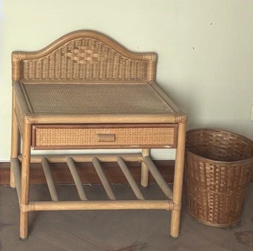 Rattan Queen Bed with Side Table (Category: Bedding & Towels) located in Quezon City. Submitted by fruitteapearls (Listing ID 1457376519, Image 2). Description: Rattan Bed Frame Only with Side Table Mattress not included.