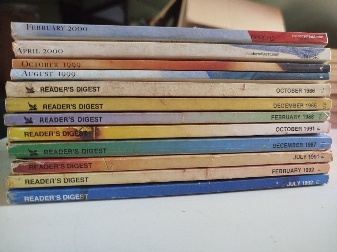 Reader's Digest Magazines - Various Issues from 1985-2000 (Category: Magazines) located in Paranaque City. Submitted by kaceys_closet (Listing ID 1457354085, Image 2). Description: - 250 for 25 pcs - Collection of Reader's Digest magazines - Includes issues from: Nov 1999, Dec 1987, May 2000, Feb 2000, Apr 2000, Oct 1999, Aug 1999, Oct 1986, Dec 1985, Feb 1988, Oct 1991, Dec 1987, Jul 1992, Feb 1992, May 2000, Jan 1992, Jun 1992, May 1992, Apr 19