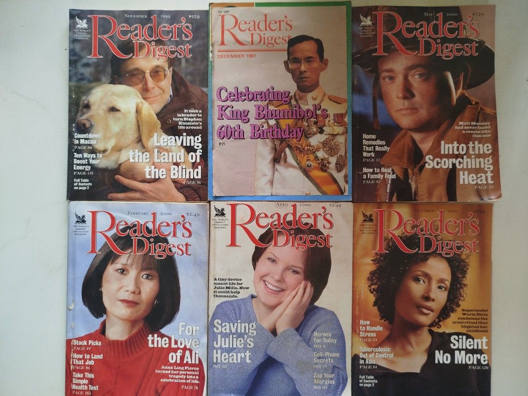 Reader's Digest Magazines - Various Issues from 1985-2000 (Category: Magazines) located in Paranaque City. Submitted by kaceys_closet (Listing ID 1457354085, Image 1). Description: - 250 for 25 pcs - Collection of Reader's Digest magazines - Includes issues from: Nov 1999, Dec 1987, May 2000, Feb 2000, Apr 2000, Oct 1999, Aug 1999, Oct 1986, Dec 1985, Feb 1988, Oct 1991, Dec 1987, Jul 1992, Feb 1992, May 2000, Jan 1992, Jun 1992, May 1992, Apr 19
