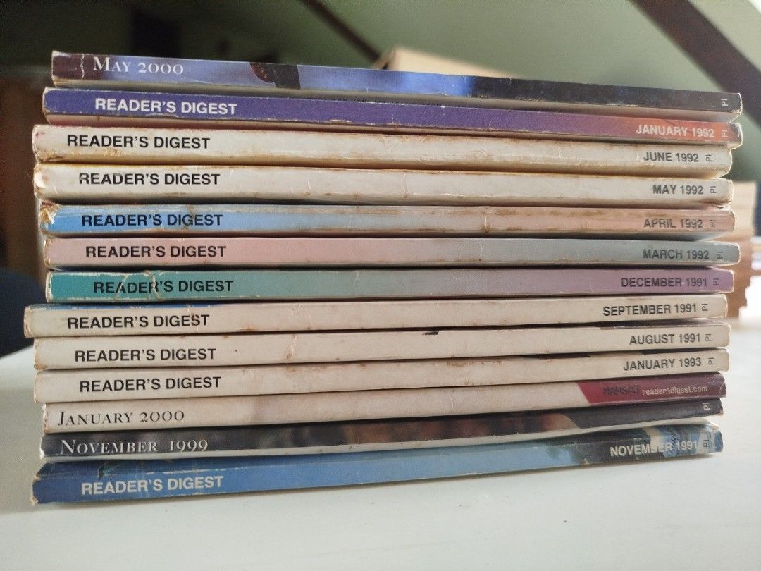 Reader's Digest Magazines - Various Issues from 1985-2000 (Category: Magazines) located in Paranaque City. Submitted by kaceys_closet (Listing ID 1457354085, Image 3). Description: - 250 for 25 pcs - Collection of Reader's Digest magazines - Includes issues from: Nov 1999, Dec 1987, May 2000, Feb 2000, Apr 2000, Oct 1999, Aug 1999, Oct 1986, Dec 1985, Feb 1988, Oct 1991, Dec 1987, Jul 1992, Feb 1992, May 2000, Jan 1992, Jun 1992, May 1992, Apr 19