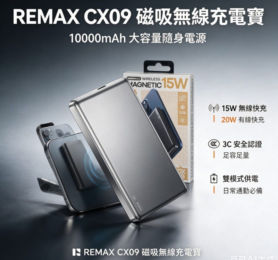 [香港原裝行貨有保養］REMAX CX09/CX08 磁吸無線充電寶 （分類：電池及充電器）位於 Hong Kong。 由 remaxhk.796 提交（商品編號 1457363610，圖片 1）。簡介： REMAX 磁吸無線充電寶，有 5000mAh 同 10000mAh 兩款。支援 15W 無線快充同 20W 有線快充。3C 安全認證，夠晒安全。日常出街或者旅行都好啱用，貼住手機即刻叉電，好方便。。