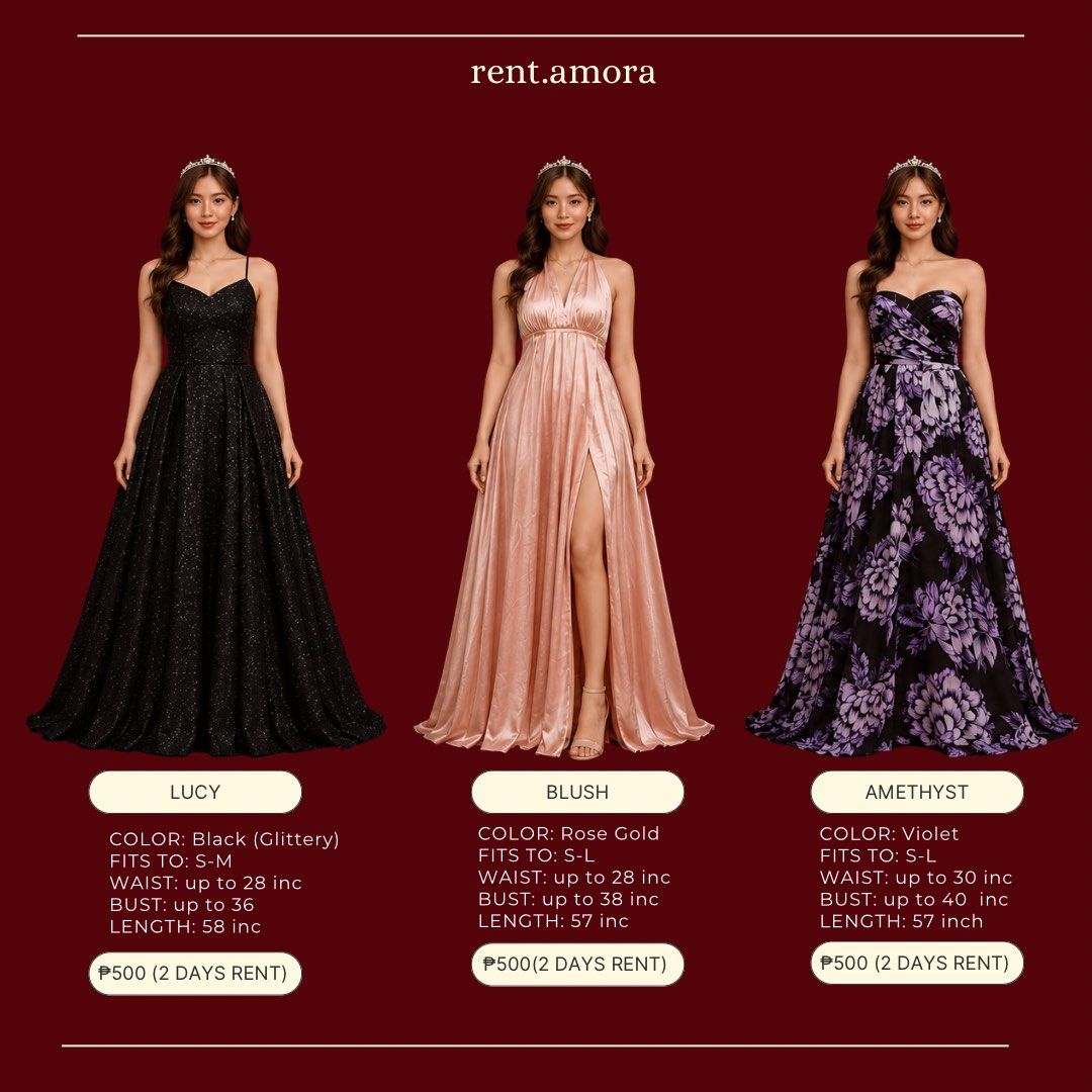 Rent Amora Dress (Category: Evening dresses & gowns) located in Quezon City. Submitted by shaexlli (Listing ID 1457427279, Image 3). Description: - Rent beautiful evening gowns from Amora. - Perfect for any special occasion. - Available styles include: Vera (leopard print), Audrey (brown), Alba (glittery black), Fleur (blue), Stella (floral pink), Amore (glittery pink), Lucy (glittery black), Blush (rose gold), Amethyst (purple floral), red Audre