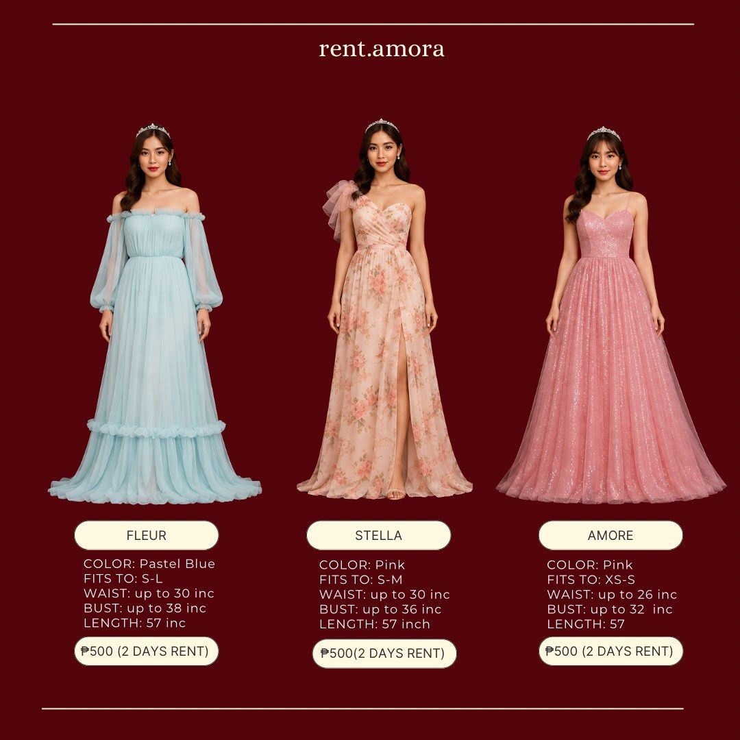 Rent Amora Dress (Category: Evening dresses & gowns) located in Quezon City. Submitted by shaexlli (Listing ID 1457427279, Image 2). Description: - Rent beautiful evening gowns from Amora. - Perfect for any special occasion. - Available styles include: Vera (leopard print), Audrey (brown), Alba (glittery black), Fleur (blue), Stella (floral pink), Amore (glittery pink), Lucy (glittery black), Blush (rose gold), Amethyst (purple floral), red Audre