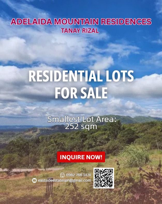 Residential Lots (Category: Lot) located in Antipolo. Submitted by eastside_estatesph (Listing ID 1457453554, Image 1). Description: Adelaida Mountain Residences Mountain Residential Lots Adelaida Mountain Residences is a master-planned community within a safe, gated subdivision surrounded by lush greenery, century-old trees, stunning views, and fresh air. Whether you’re owning your first home, you’re upgrading as you grow your family, or you’re 