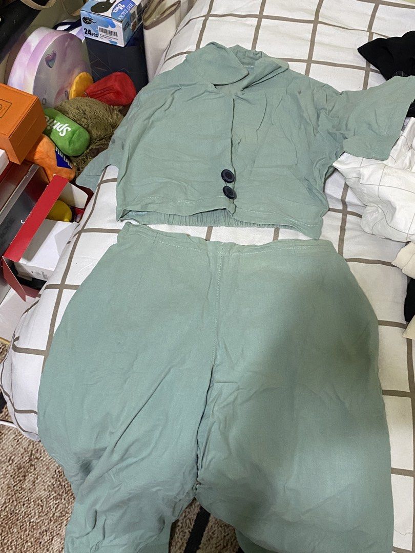 Sage Green Lounge Set - Cropped Top & Pants (Category: Sets or Coordinates) located in Manila. Submitted by goldenmnl (Listing ID 1457390315, Image 1). Description: - Comfy sage green lounge set - Cropped short-sleeve top with button details - Loose-fit pants with elastic waistband - Soft and easy-to-wear fabric - Perfect for lounging at home or casual outings.