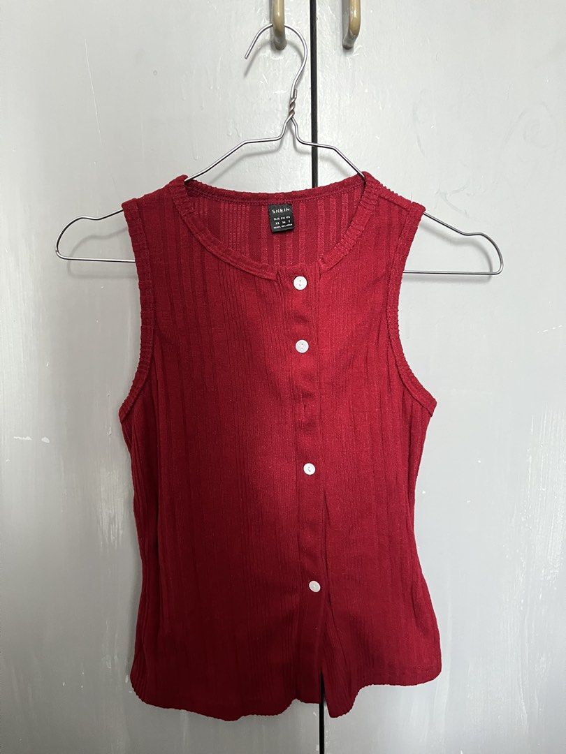 SHEIN Red Ribbed Button-Up Sleeveless Tank Top (Category: Sleeveless) located in Tagum. Submitted by aleriajaz (Listing ID 1457384274, Image 1). Description: - SHEIN - Size XS - S - Preloved.